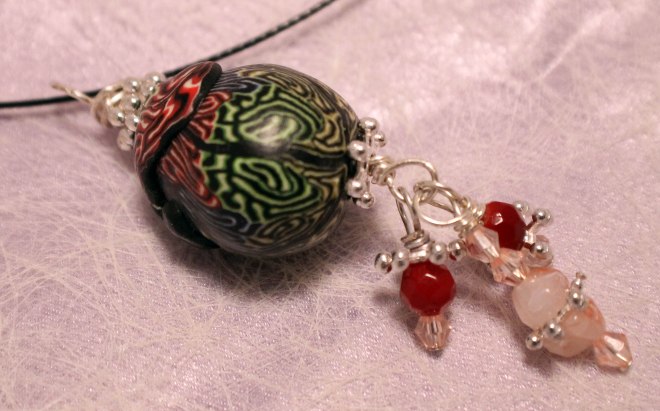 IMG_6325 Polymer clay acorn shaped pendant with SP wire wrapped dangles &amp; spacers